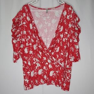 Asos Faux Wrap Top‎ Women 3X Red Floral Stretch Short Flutter Sleeve V-Neck